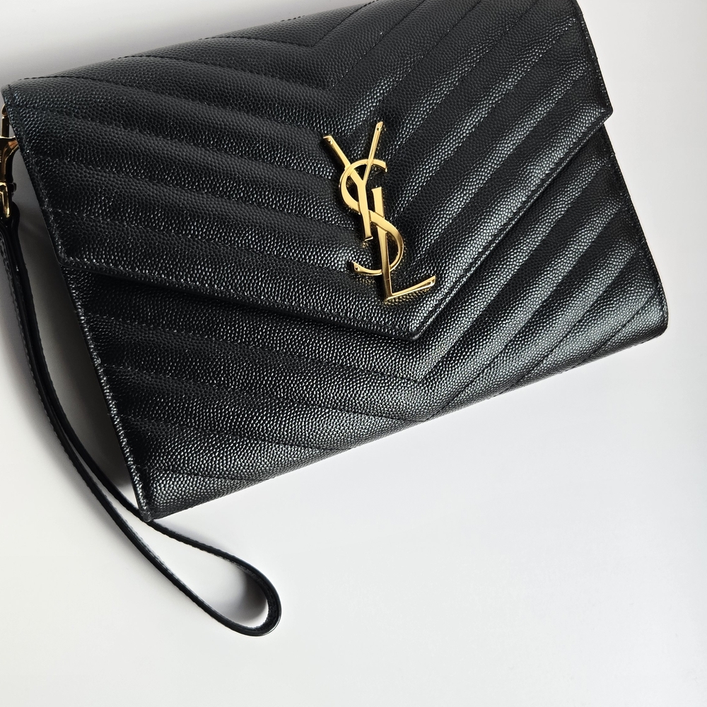 Yves Saint Laurent Chevron Black Wristlet with Gold Emblem